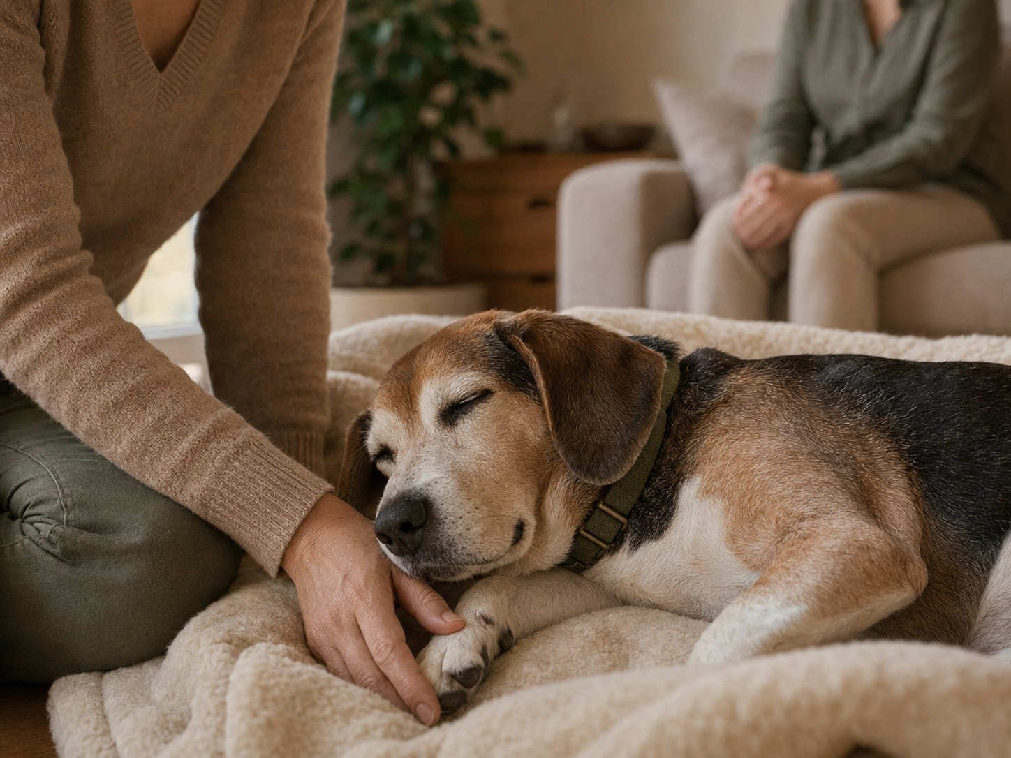 Starší pes klidně odpočívá během veterinární návštěvy doma